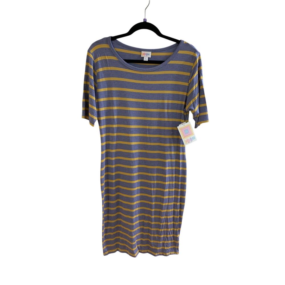 NEW LuLaRoe Striped JULIA Maxi  Dress Size Lg Scoop Neck Blue Gray